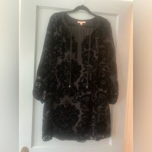 Black Velvet Tunic Dress, Sheer Long-sleeve, Lined